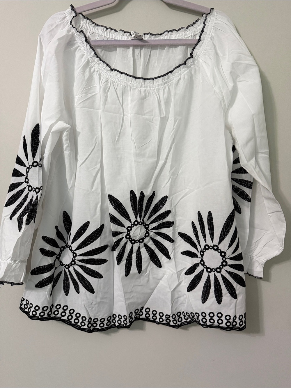 Cato White Peasant Blouse with Black Floral Embroidery